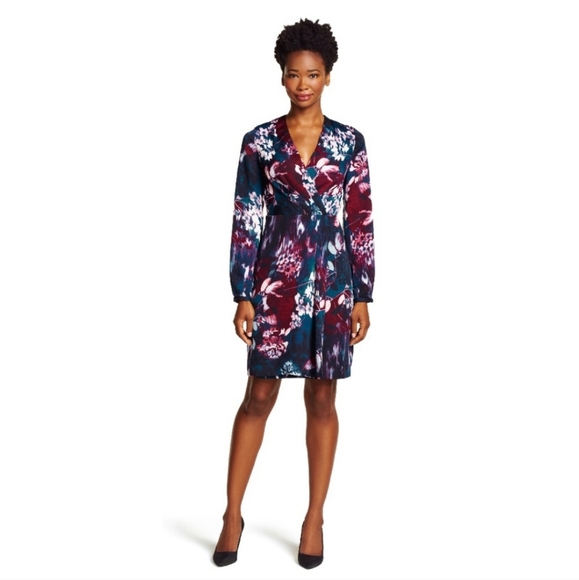 Adrianna Papell Long Sleeve Floral Faux Wrap Dress - Picture 1 of 16